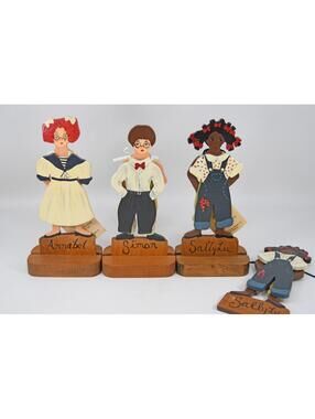 VTG 1980s Carolina Woodbox Pine Playmates Paper Doll Style Figures Signed Dated